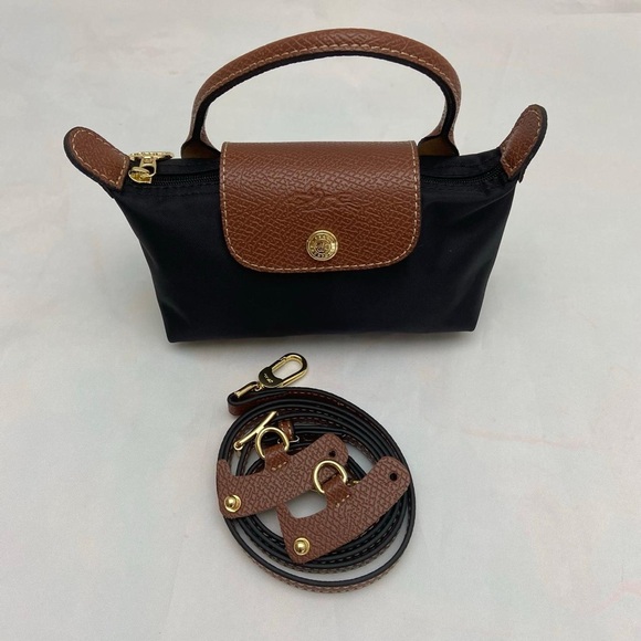 Longchamp Handbags - Longchamp Black Mini Top-Handle Bag with Brown Trim